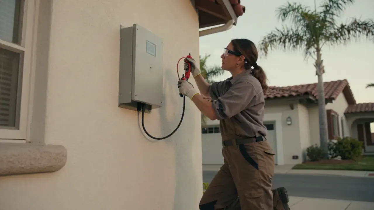 NEMA 14-50 Outlet Installation in Redondo Beach, California: licensed electrician using a voltage tester to verify the power